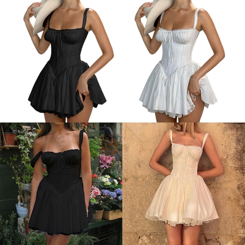 Frauen rücken freies Mini kleid sexy ärmellose Cocktail kleider Bodycon Spaghetti träger kurzes Kleid mit Spitzen borten