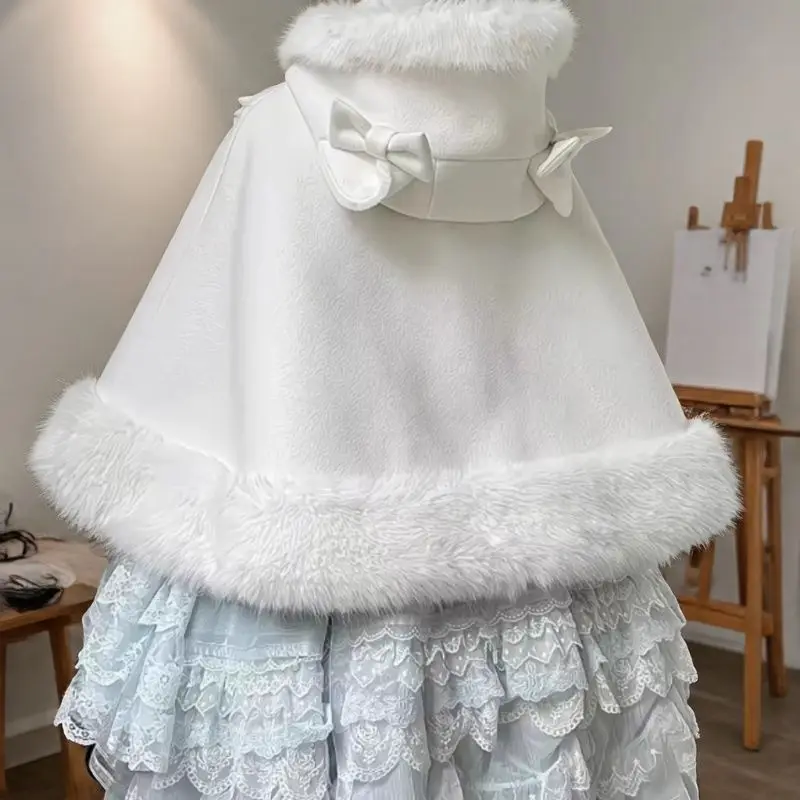 Coalfell【Cat ear Cloak】 Autumn and Winter Cute Lolita Woolen Cape Shawl Jacket Women Sweet New Warm Plush Hooded Cloak