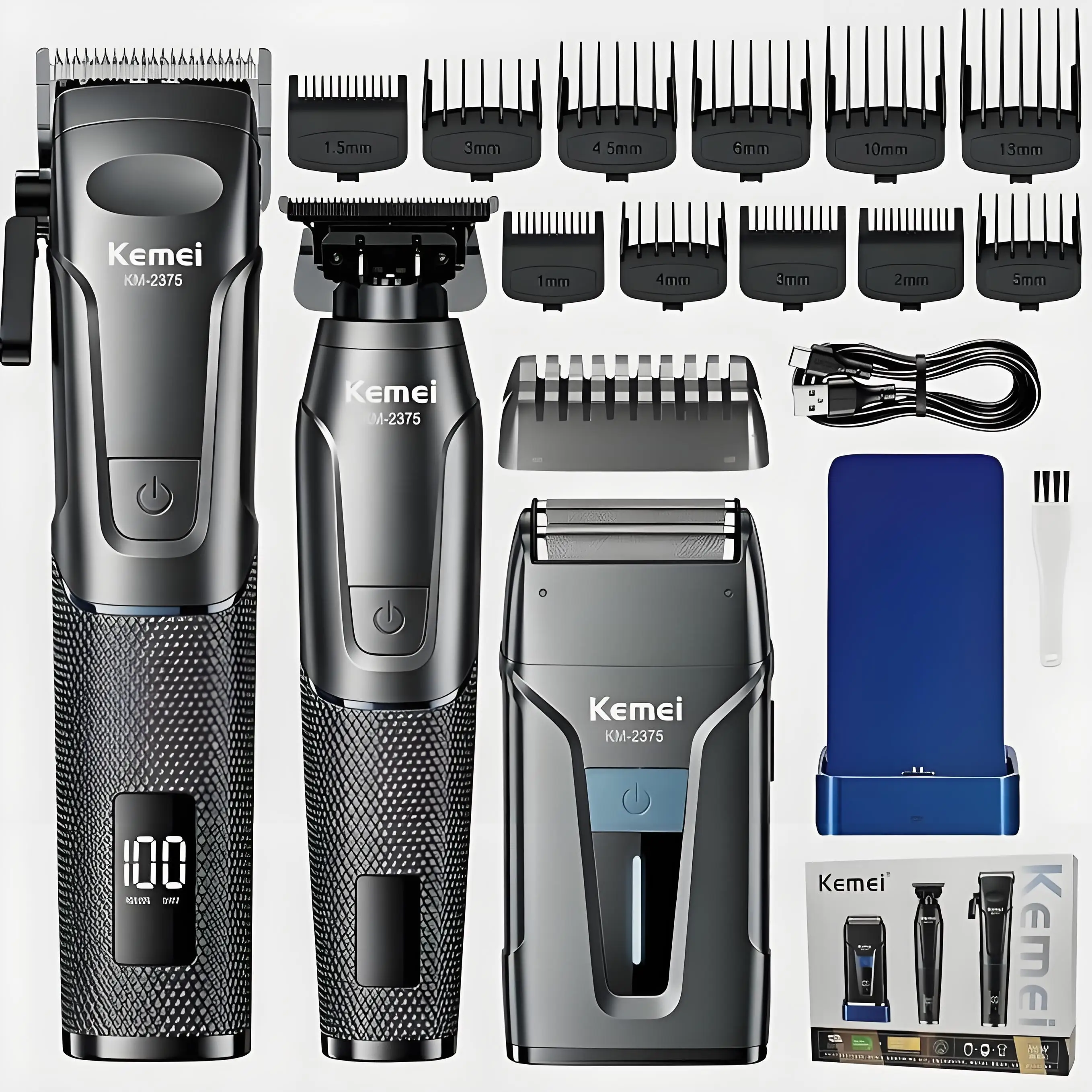 Kemei Hair Clippers for Men – Cordless Trimmer Set with Mini Shaver and Carving Scissors, Barber Hair Cutting Machine, Electric Foil Shaver Grooming Kit KM-2375