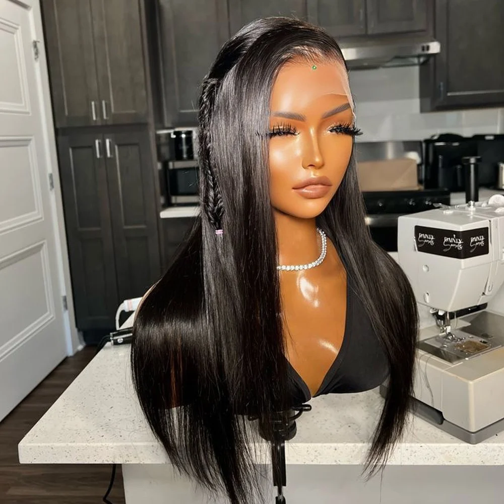 

26-дюймовый предварительно выщипанный натуральный длинный мягкий черный 180% Плотность шелковистый прямой парик фронта шнурка 13x4 для чернокожих женщин детские волосы бесклеевые