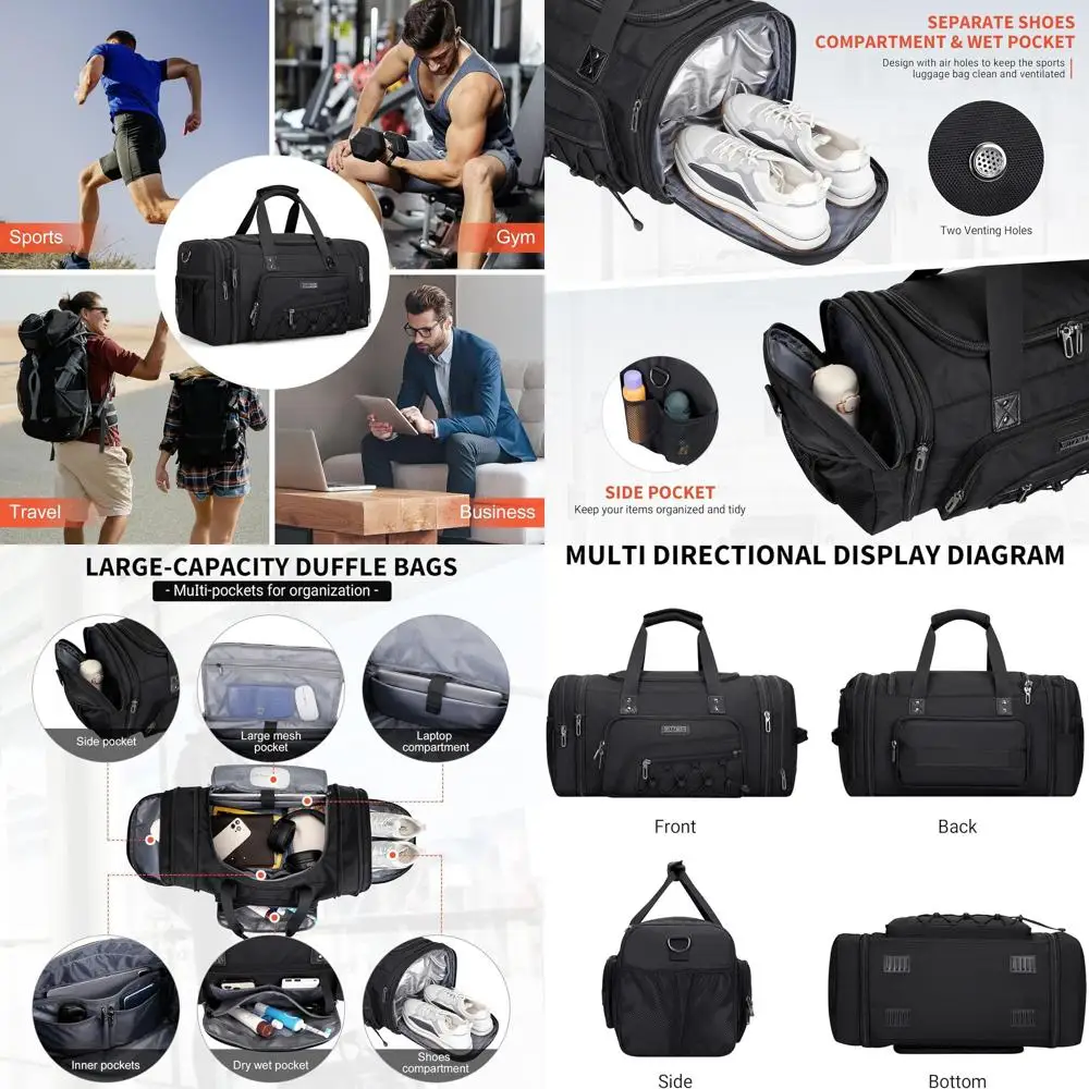 

Большая нейлоновая сумка для выходных с расширяемым отделением для обуви, для спортзала или поездок на ночь (черная)