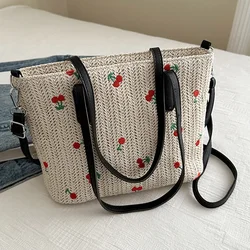 Cherry Crossbody Bag for Women Straw Bags Raffia Woven Tote Handbag New 2024 Casual Shopping Bag Female Chic Straw Shoulder Bag