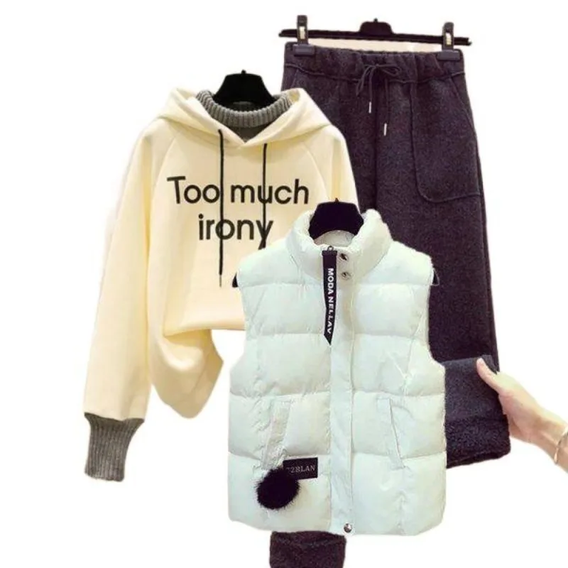 

Утолщенные повседневные облегающие шерстяные брюки, студентка, искусственный комплект из двух предметов, корейская версия, свитер, плюшевый свободный комплект из трех предметов