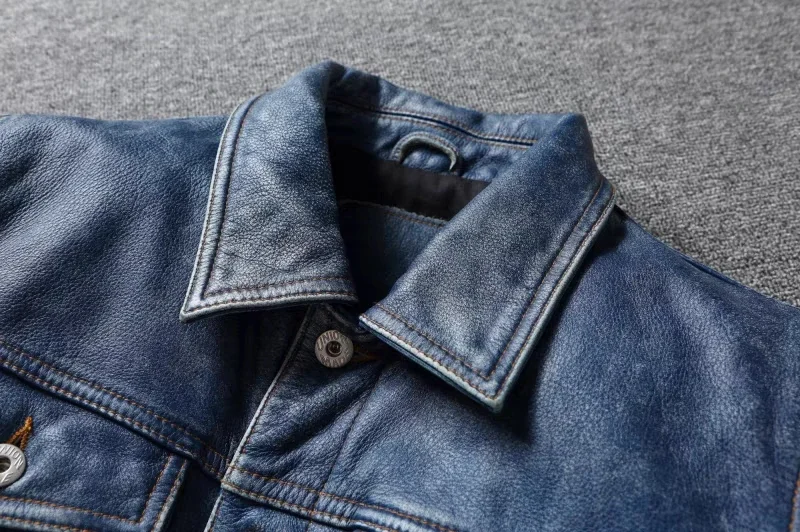 Men's Motorcycle Leather Jacket Light Blue Ami Khaki Retro Graphite Distressed Denim Genuine Leather Jacket Slim Short Jacket 99 S1b981112c3cb45afaa9f94503921b120w