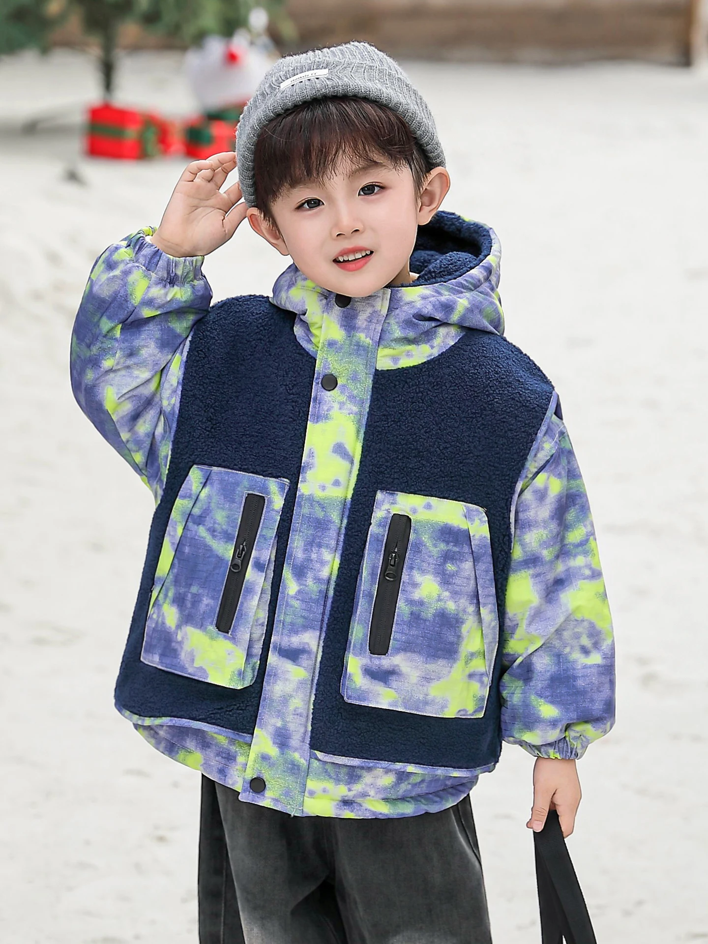 

Boys Winter Jaet Fce Lined Thiened Lamb Fur Patchwork Coat Sli Children's Cotton Clothes Warm Casual Long Sve Z...