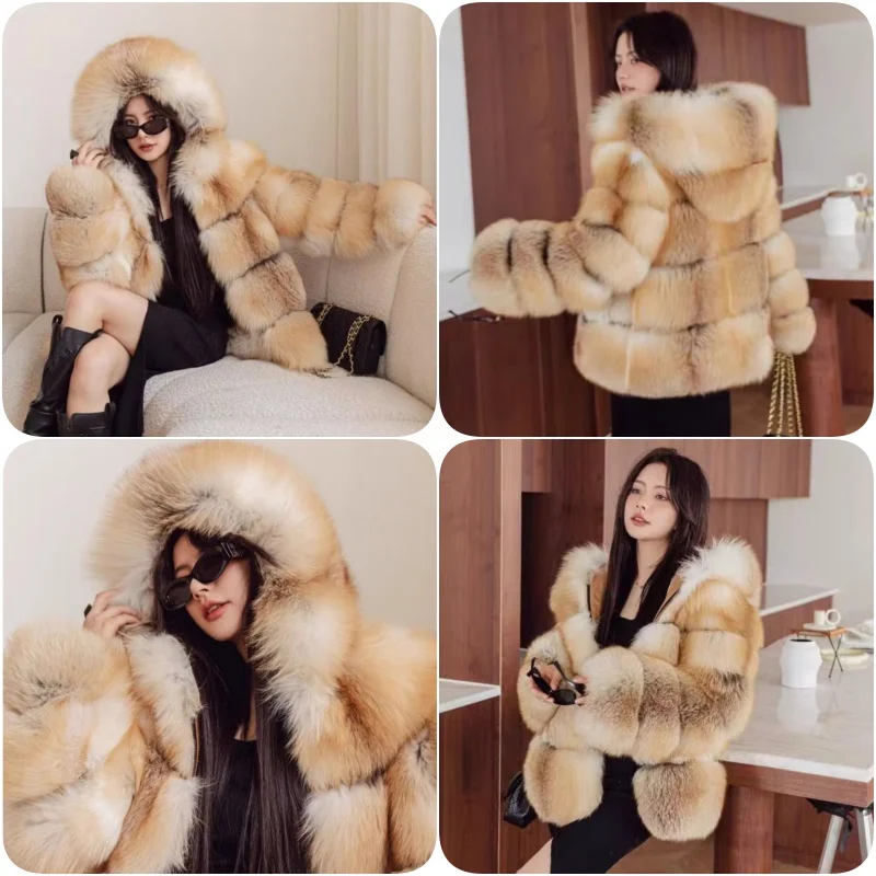 Autumn and Winter Warm and Fashionable Women\'s New Medium and Long Imported Golden Island Fox Hooded Fox Fur Coat