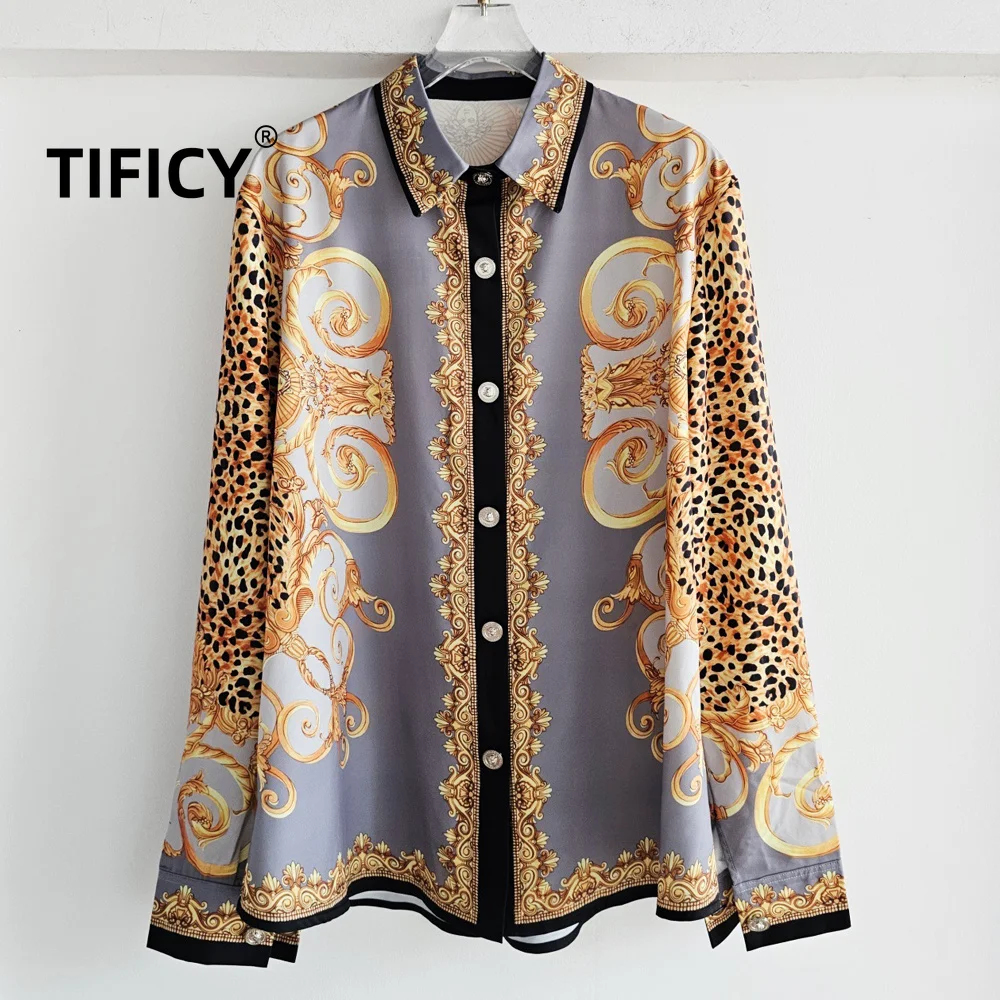 High Street Palace Retro Baroque Style Leopard Print Positioning Printed Long Sleeved Shirt Women's French Collar Shirt
