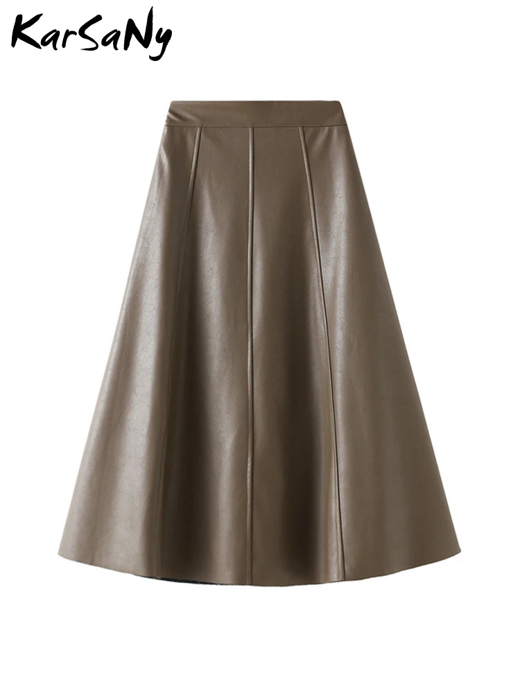 KarSaNy Beige A Line Leather Skirts For Women Midi Vintage High Waist PU Skirts Ladies Black Women umbrella skirt PU Leather