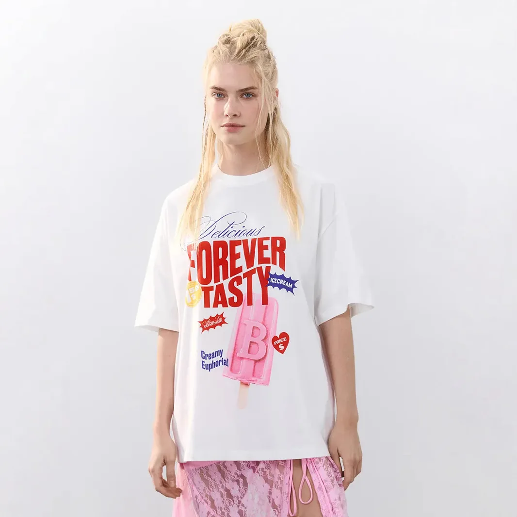 INS Aesthetic Graphic Tee Lovely Pink Ice Lolly Print Sweet T-shirts 100% Cotton Summer Comfortable Loose Casual Girls Junior