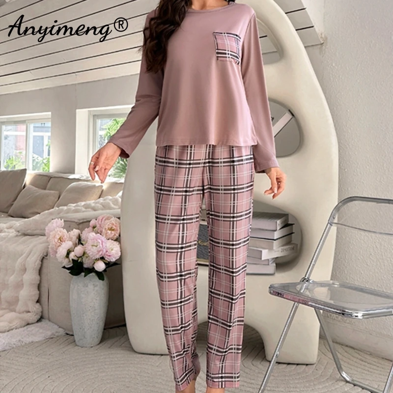 Women Long Sleeved Plaid Pants Pajamas Autumn Winter Woman Homewear Soft Loose Casual Outside Pjs Round Collar Nightwear