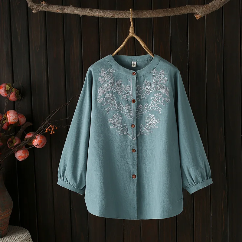 Embroidered Cotton Blouse for Women, Loose Wrist Sleeve Shirt, Round Neck, Plus Size, Spring and Autumn Wear, 5197