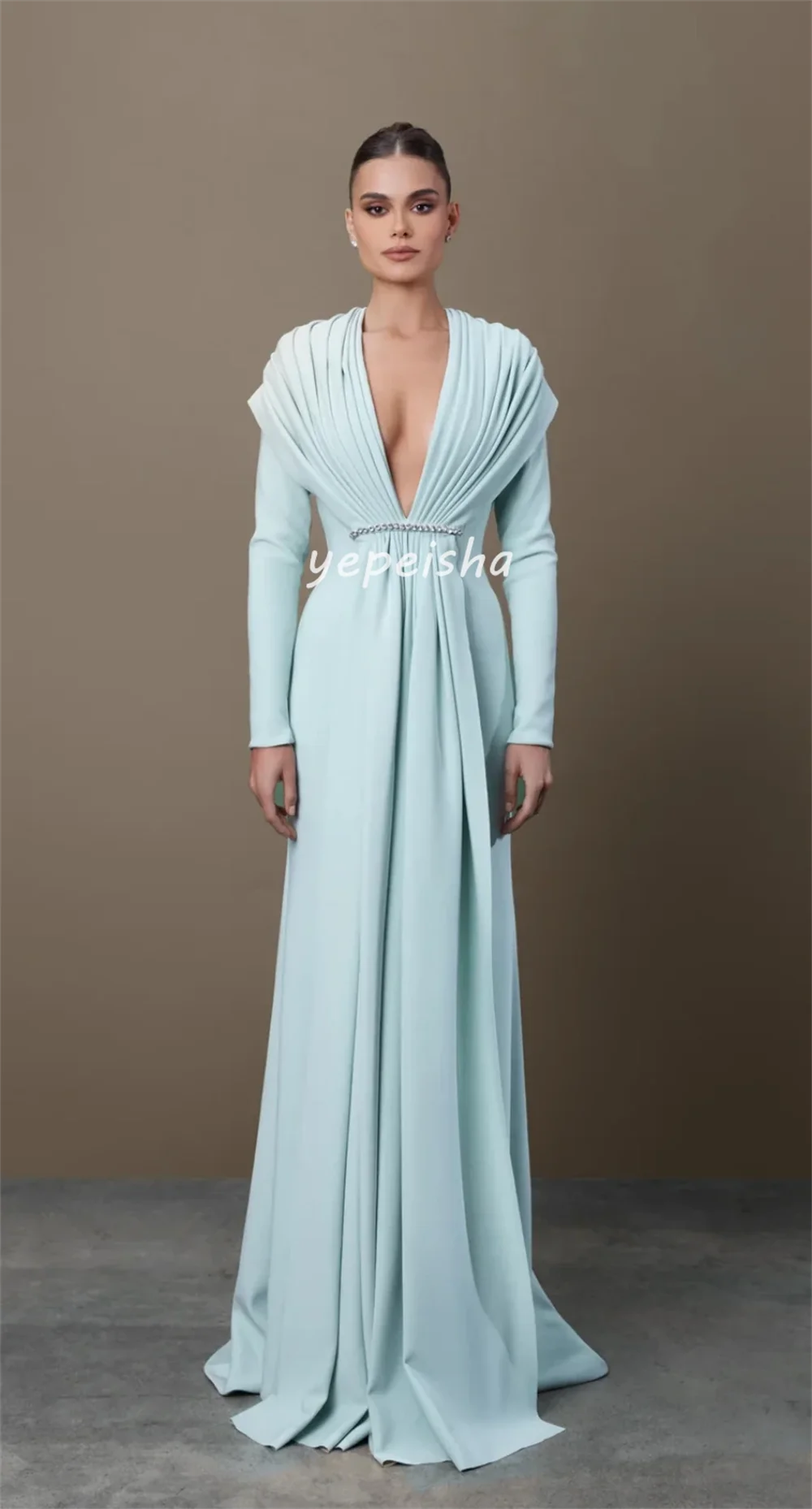 Customized Sexy Fashion Jersey Pleat Draped Rhinestone A-line V-neck Long Dresses Bespoke Occasion Dresses Elegant High Quality image 2