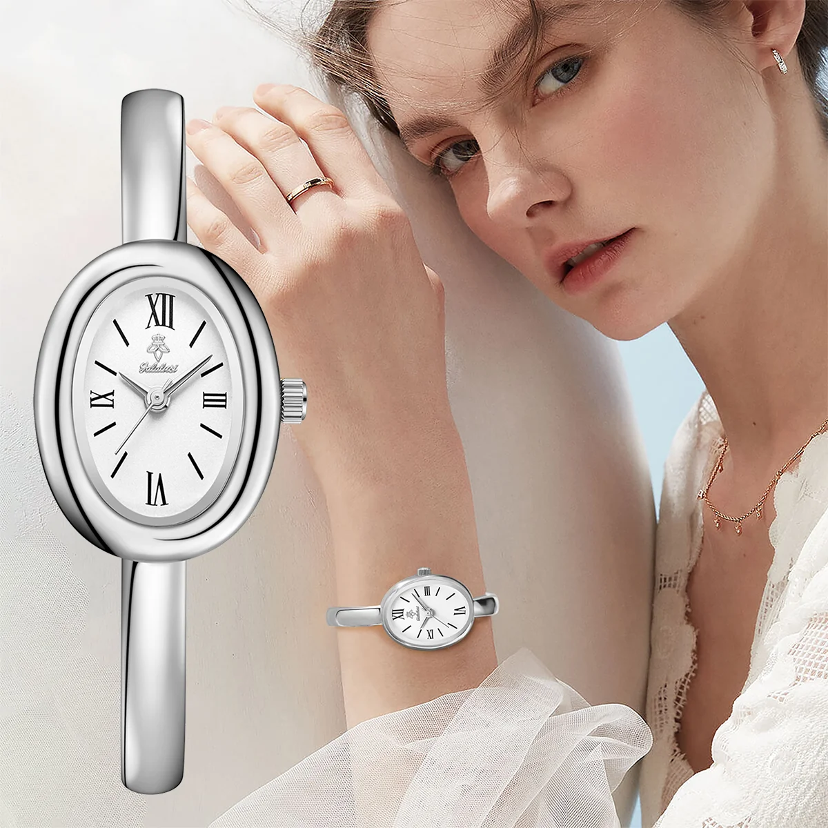 Vintage Jewelry Watches Women - YaLaLuSi オーバルローマ数字女性用腕時計シルバーバングルブレスレット腕時計ヴィンテージミニマルレディースクォーツ防水ドレスウォッチジュエリーギフト