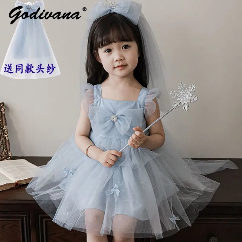 

Sweet Baby Girls 2026 New Summer Mesh Princess Dress Childrens Fashion Blue Feifei Sleeve Bow Veil Birthday Party Tutu Dresses