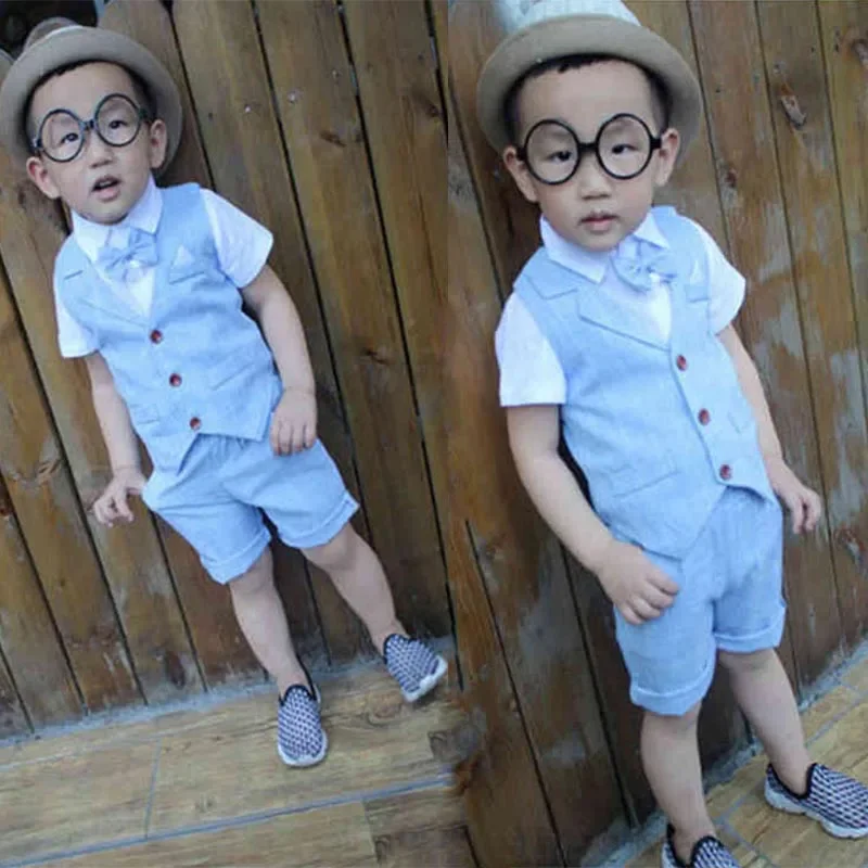 baby-boys-summer-formal-wear-suit-set-short-shirt-plaid-waist-coat-shorts-bow