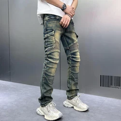 2024 personalized fashion premium black men's loose jeans slim fit heavy duty vintage wash men's street biker denim pants