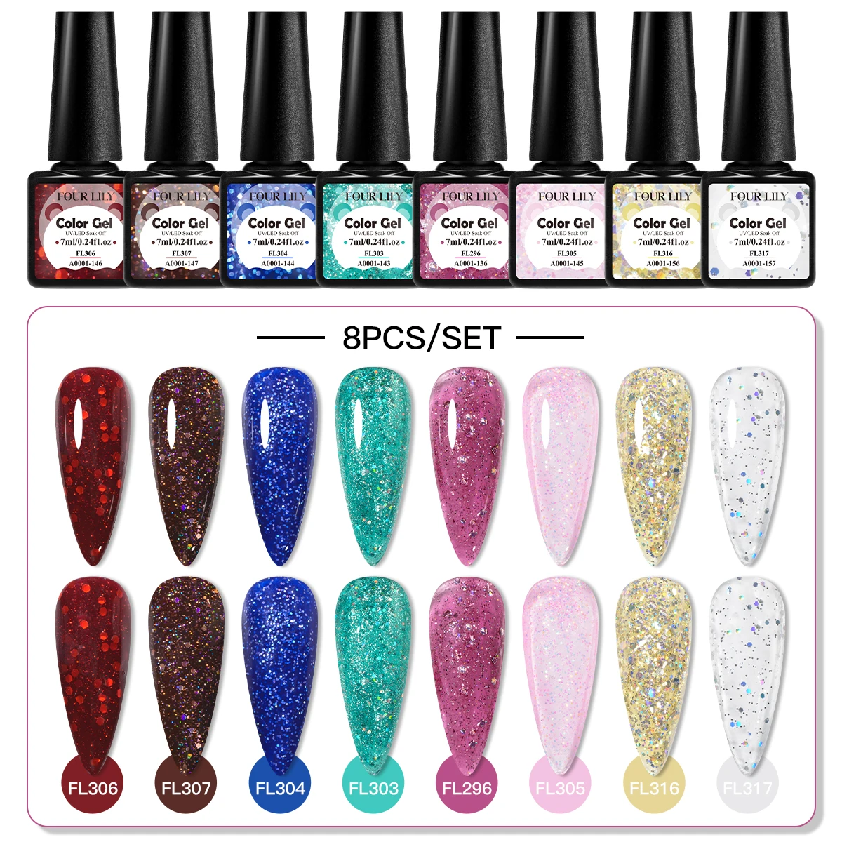 FOUR LILY 8/6-teiliges Gel-Nagellack-Set, glitzernd, funkelnd, fluoreszierend, Neon, Rot, Lila, Blau, Gel, Soak Off Nail Art Gel-Lack-Sets