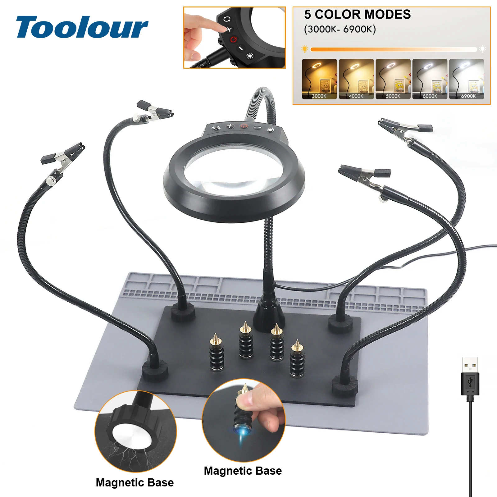 

Toolour Magnetic Helping Hands Soldering Station with 5X LED Magnifying Lamp/ 4 PCB Holder/ 4 Metal Flexible Arms/ Silicone Pad