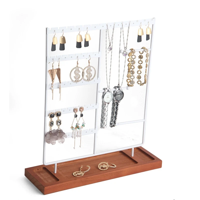 Soporte de pendientes de 5 niveles con bandeja de madera, organizador de joyas, soporte para pendientes, collares, pulseras, relojes y anillos, negro