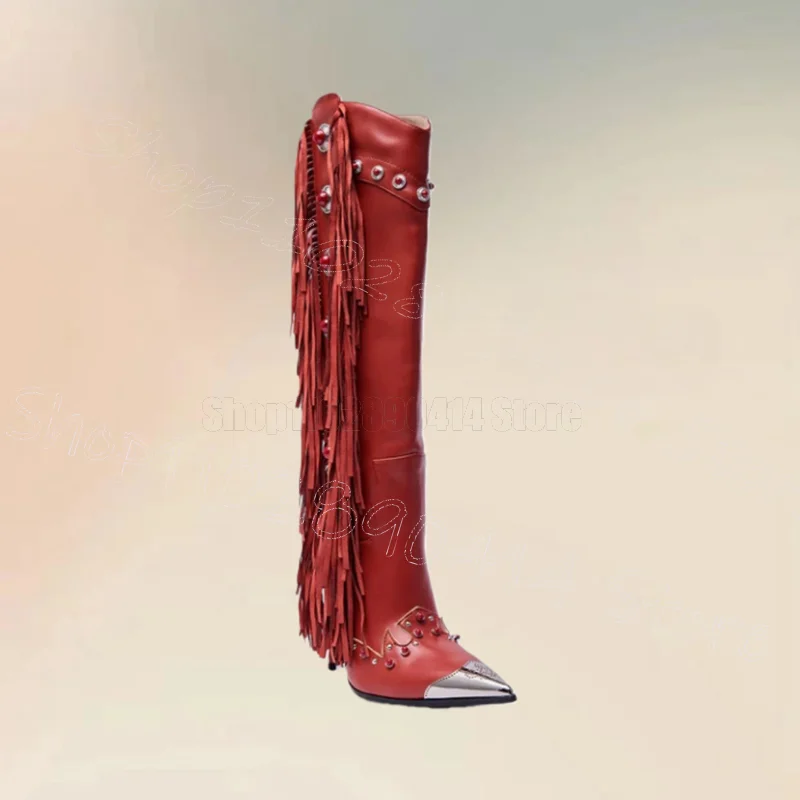 

Red Tassels Metal Button Decor Pointed Toe Boots Side Zipper Women Shoes Thin High Heels Party Banquet 2026 Zapatos Para Mujere
