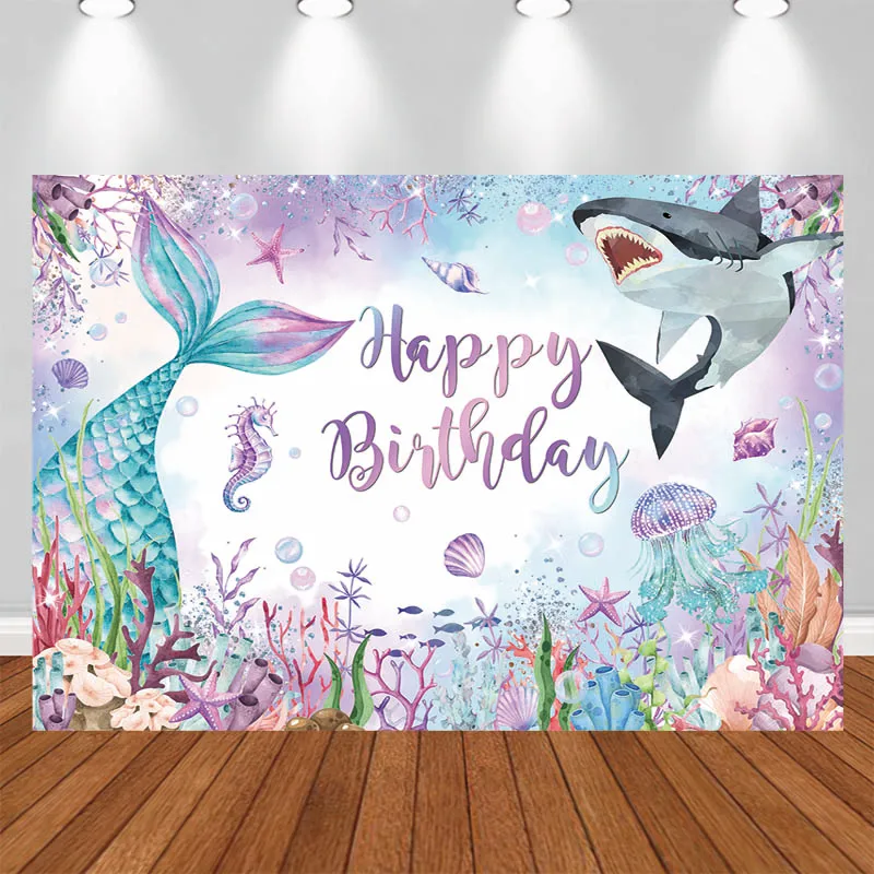 LS Photography Background Mermaid Shark Underwater World Coral Text Decorations Birthday Kids Portrait Photo Backdrop Studio
