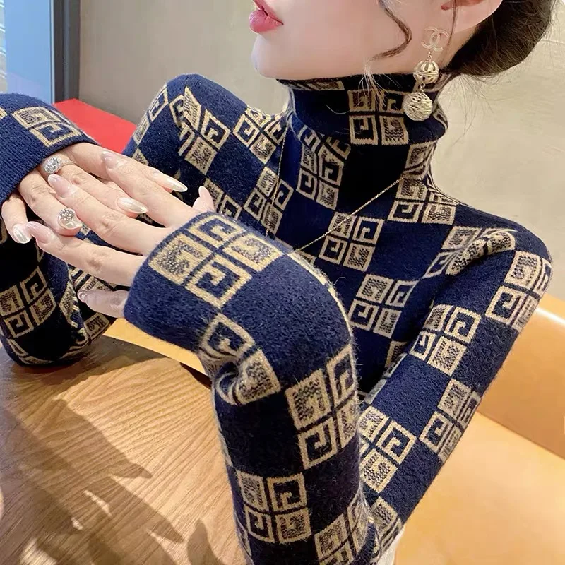 Women Turtleneck Vintage Jacquard Slim Sweaters Early Spring Fashion Chic Casual Soft Knitted Pullovers Y2k Knitwear