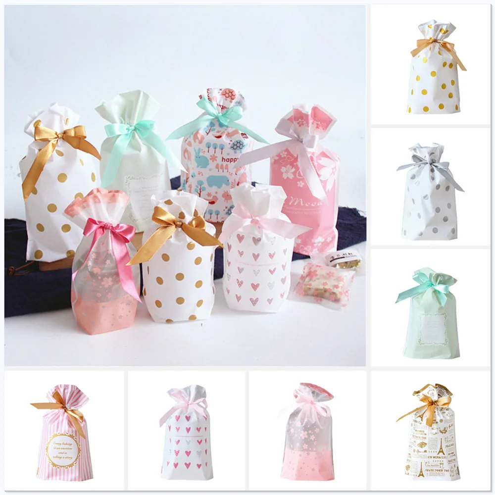 50Pcs Drawstring Gift Bags Pink Heart Plastic Wrapping Bags Cookie Candy Bag Packing Diy for Wed Birthday Party Favor Gift Decor