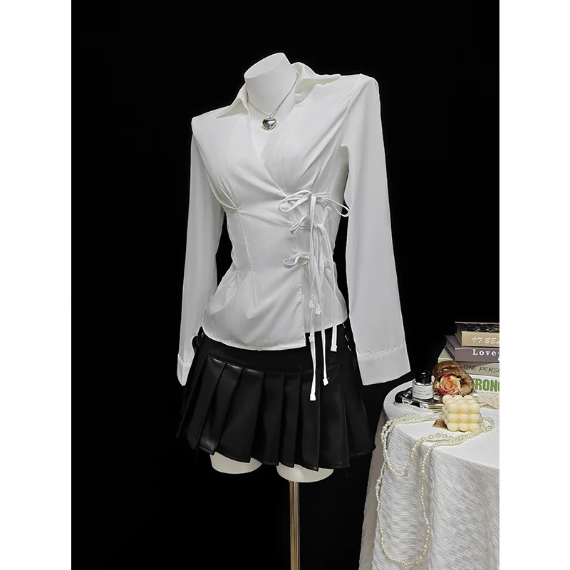 Benuynffy 2025 Otoño Invierno Color sólido Top con cordones mujer moda manga larga Y2k ropa de calle camisas y blusas blancas mujer nuevo