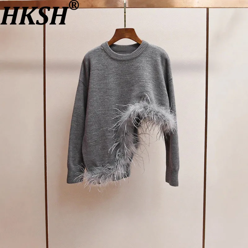 HKSH Women Sweater Stylish Asymmetrical Feather Hem Patchwork Design Niche Casual Solid Color O-Neck Trend Knit Pullover HK28145