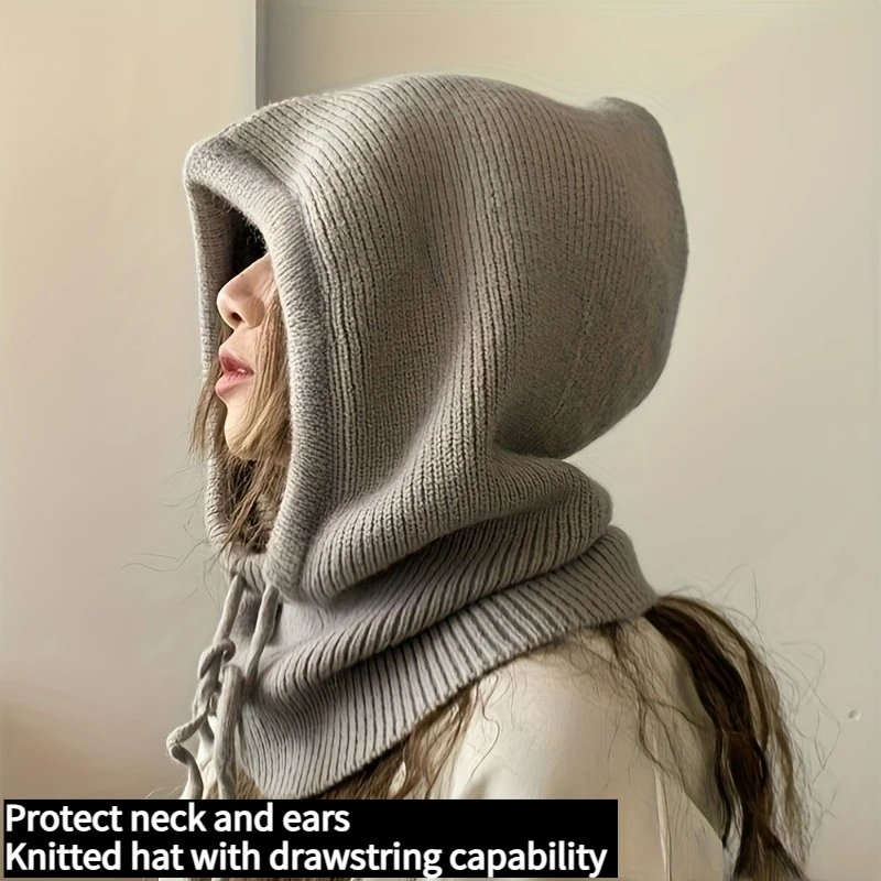 Gebreide muts uit één stuk Nekbescherming, warmte, windbestendigheid Multifunctionele warme muts met trekkoord, je kunt het touw binden