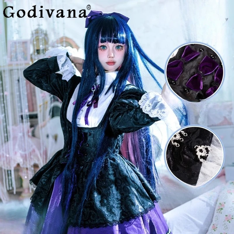 Lace Purple Lolita Dress for Women Panty with Garterbelt Stocking Cosplay Costume Dress Girls Striped Stockings Headwear Suit