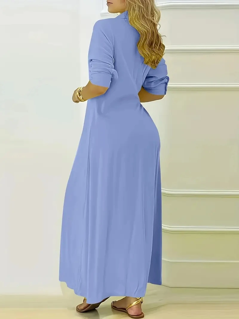 الخريف فساتين طويلة أنيقة امرأة مزاجه موضة جديدة عادية بلون التلبيب كم طويل قميص زر سلم للنساء