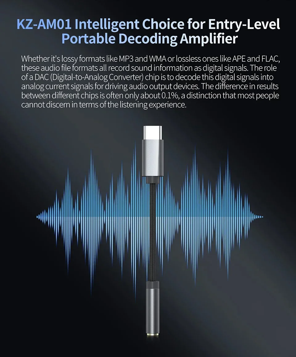 KZ-AM01 Type-C para 3,5mm adaptador de áudio, 32bit, 384kHz, Hi-Fi, DAC +, Dual Chip, fone de ouvido, cabo de áudio para KZ EDX PRO, original