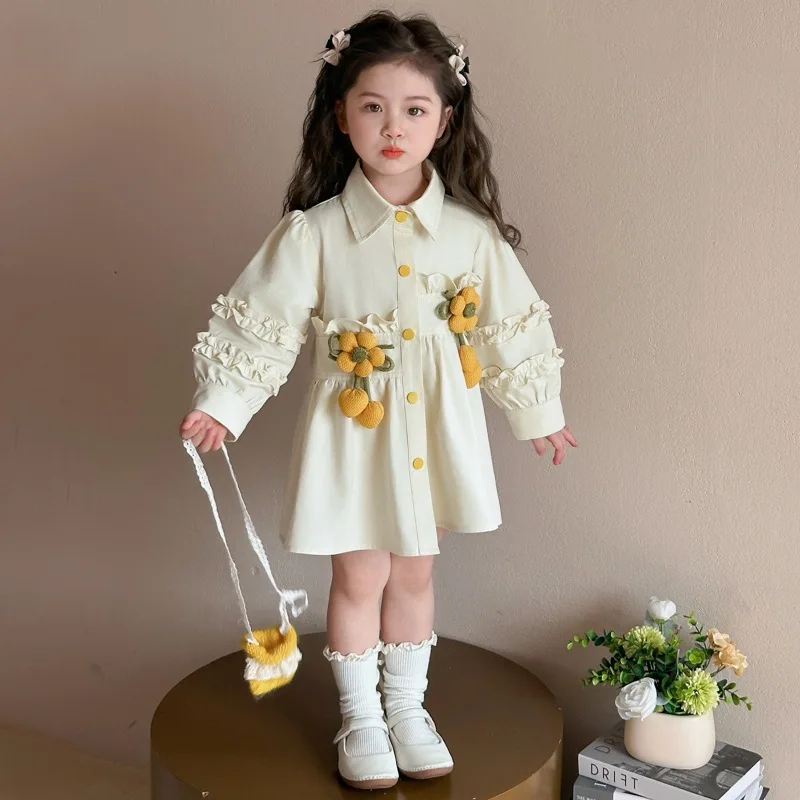 

Girls' Floral Shirt Dress Spring Autumn Style Baby Girl Fashionable Princess Dress Spring Outfit Little Girl Trendy Dress