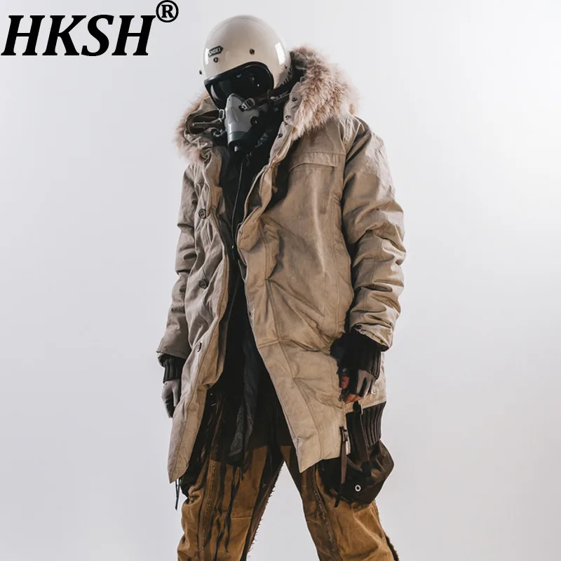 

HKSH Autumn Winter Men Punk Loose Waste Land Hooded Ski Fleece Wizard Hat Jackets Techwear Mid-Length Cotton Padded Coat HK14944