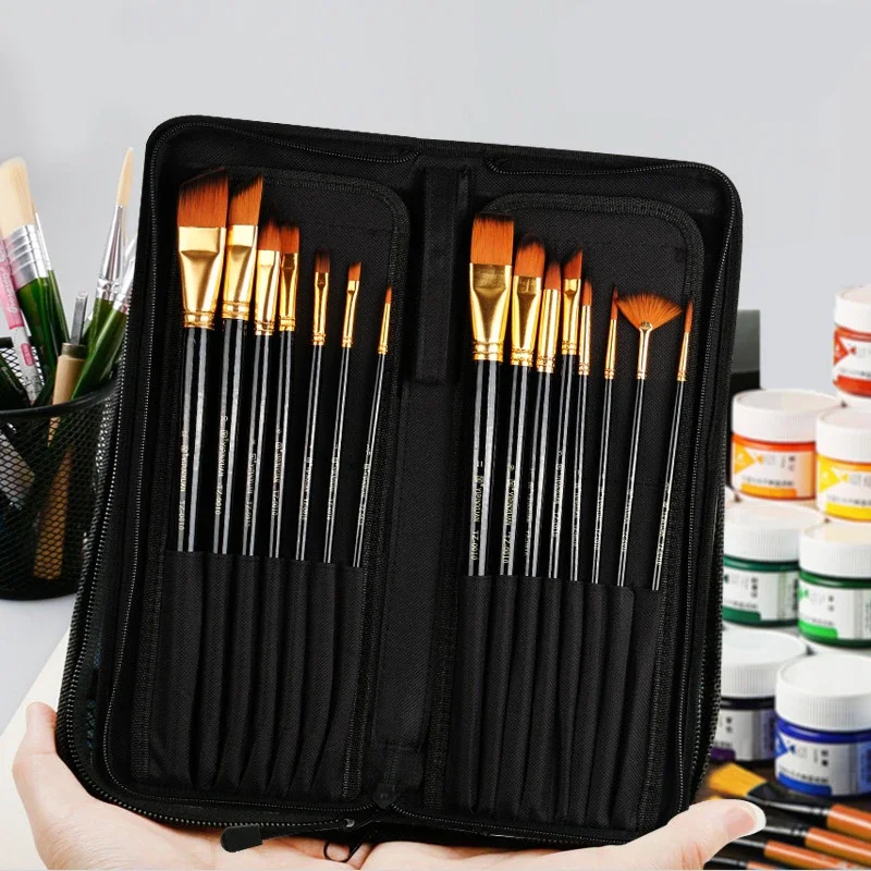 15 pcs set Nylon hair Hairy Cloth Gouache Brush Acrylic Oil Brush Brush Set Watercolor Bag Portable Multifunctional Art Supplies