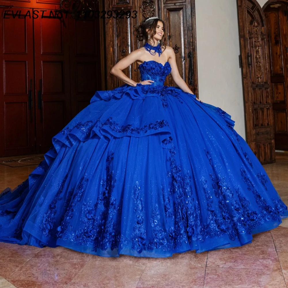 فستان Quinceanera باللون الأزرق الملكي اللامع مخصص من EVLAST فستان حفلة مزين بالزهور مشد حلو 16 فيستدوس دي 15 أنوس E1QN755 #1