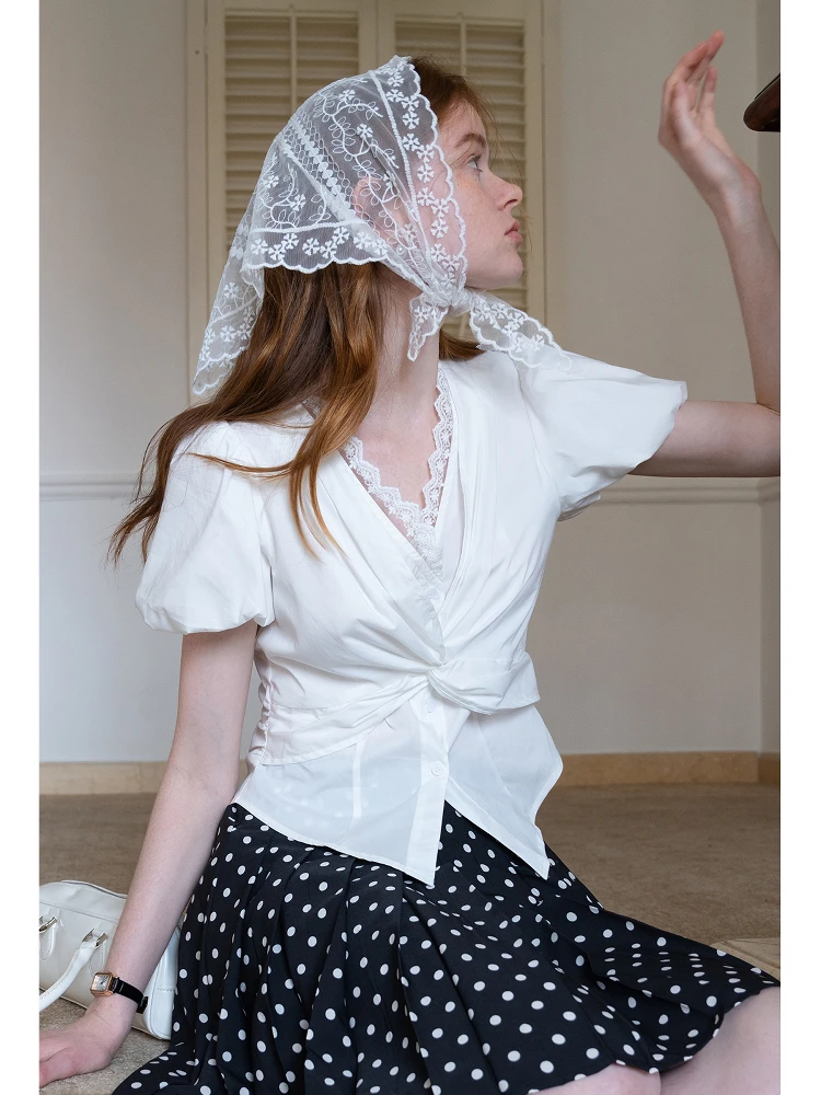 

Eggka Lace Knot ort Sve irt Design Slim Fit Waist Cinching V-Ne Top French Sle Polyester Bubble Sve Breathable ...