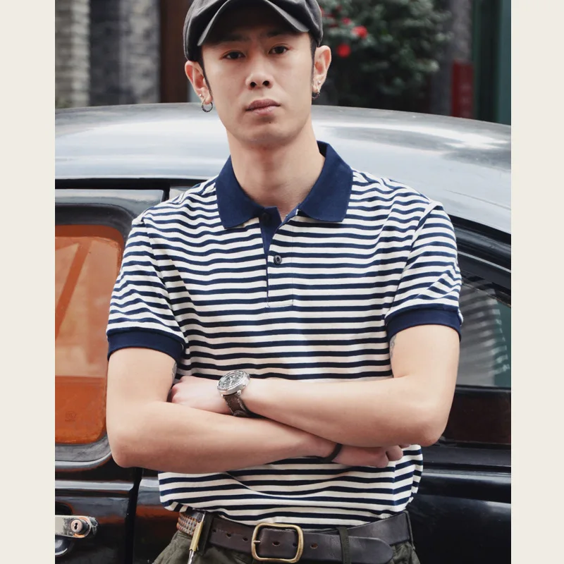 Cotton Tooling Sailors Striped POLO Shirt Mens Summer American Vintage  Half Sleeved Fashion T-shirt Color Blocking Lapel Tops