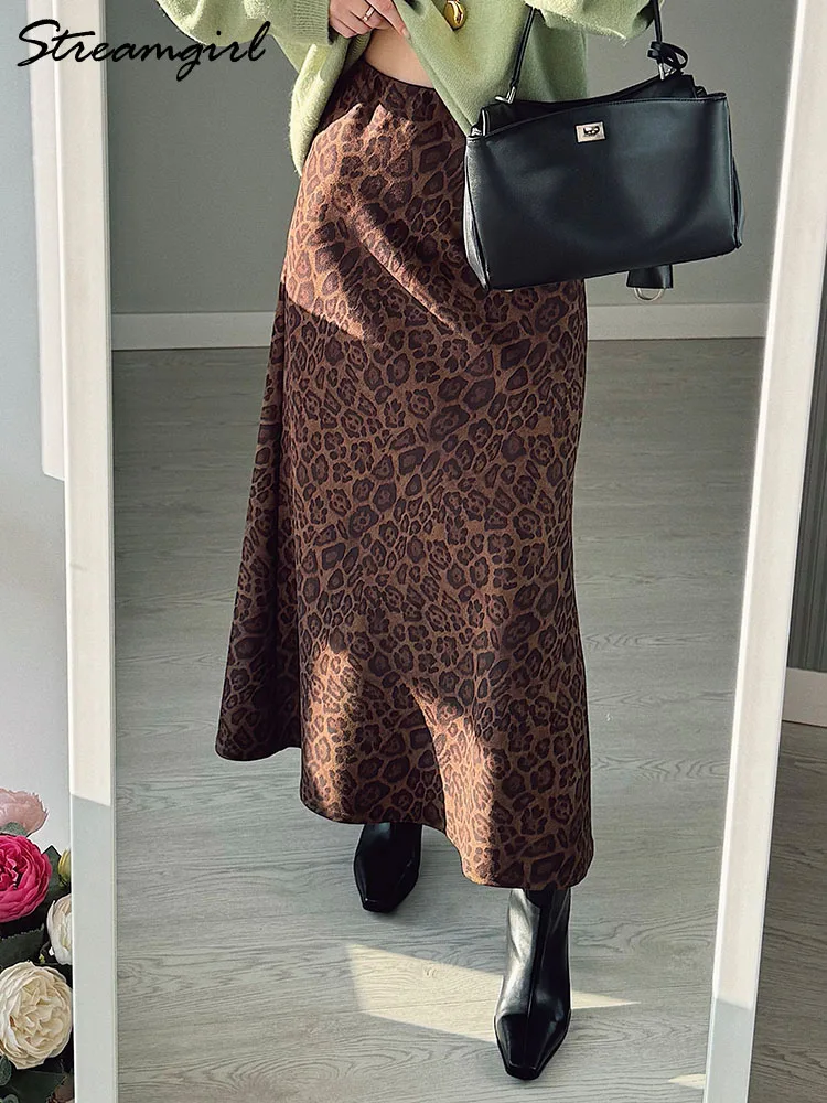 Inverno leopardo impressão camurça saia longa feminina outono vintage uma linha marrom maxi saias para mulheres inverno quente camurça leopardo saias