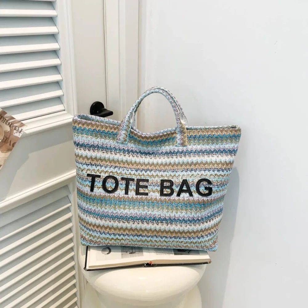 

Fashionable Striped Letter Contrasting Straw Woven Bag Colorful Zipper Pocket Tote Bag Soft Canvas Lining Women's Handbag