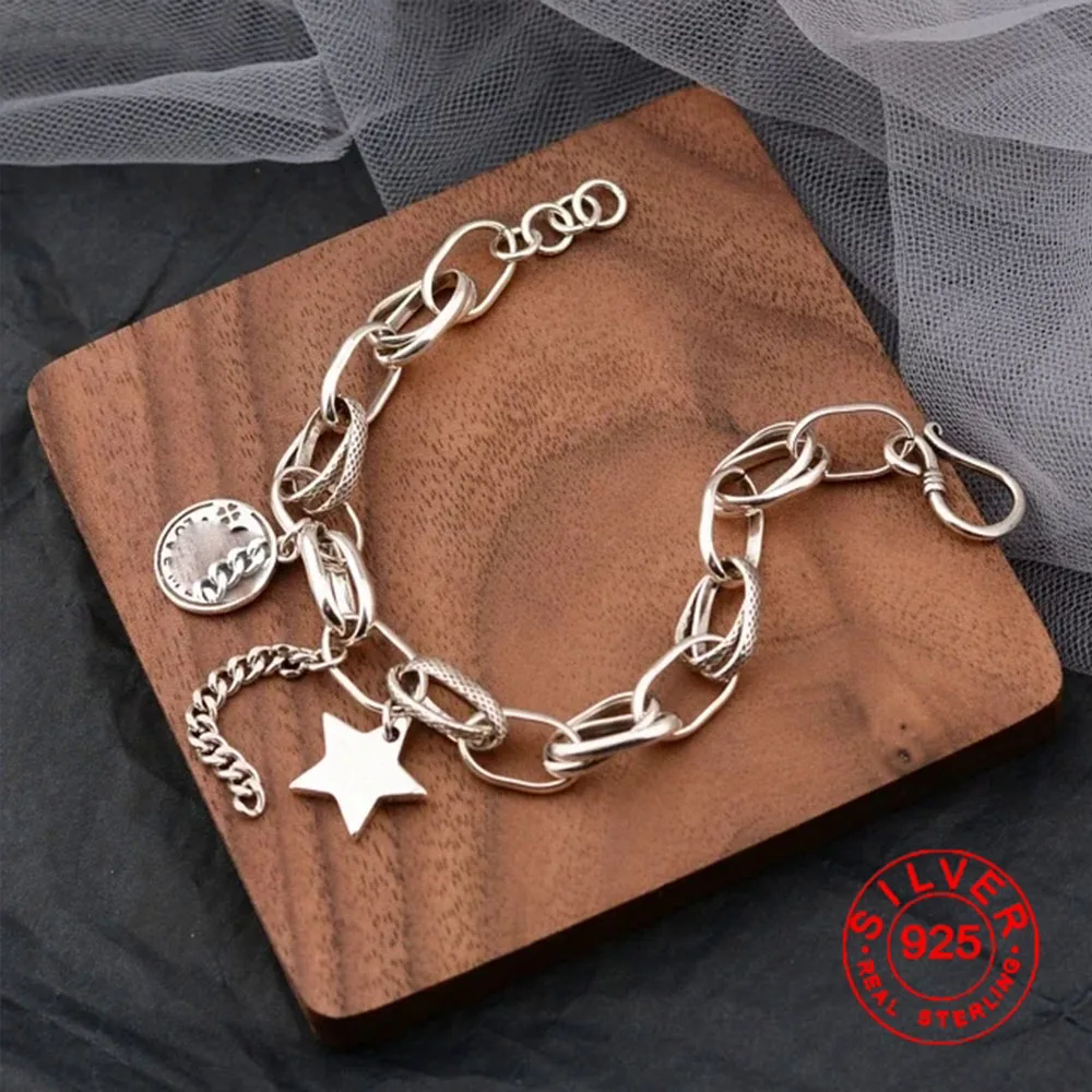 BFCLUB Silver Color Hiphop Thick Smile Face Star Bracelet for Women Men Vintage Handmade Hasp Bracelet Birthday Gift