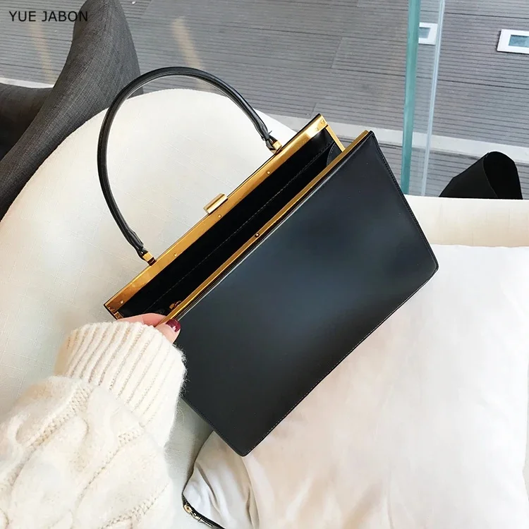 Vintage Big Clip Women Hasp Handbags Designer Female Large Capacity 	Totes Luxury Pu Leather Handbag Ladies Purses Solid Bags