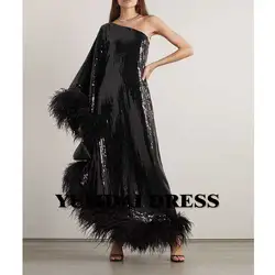 YUMDAI Black Sequin Cocktail Dress Single Rotator Sleeve Salon Party Special Ball Gown Muslim Evening Dress With Long Sleeves