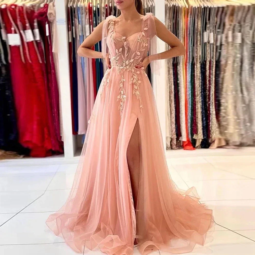 

Elegant Sweetheart Blush Prom Dresses Long 3D Lace Applique Formal Evening Gown Graduation Party Dresses High Split