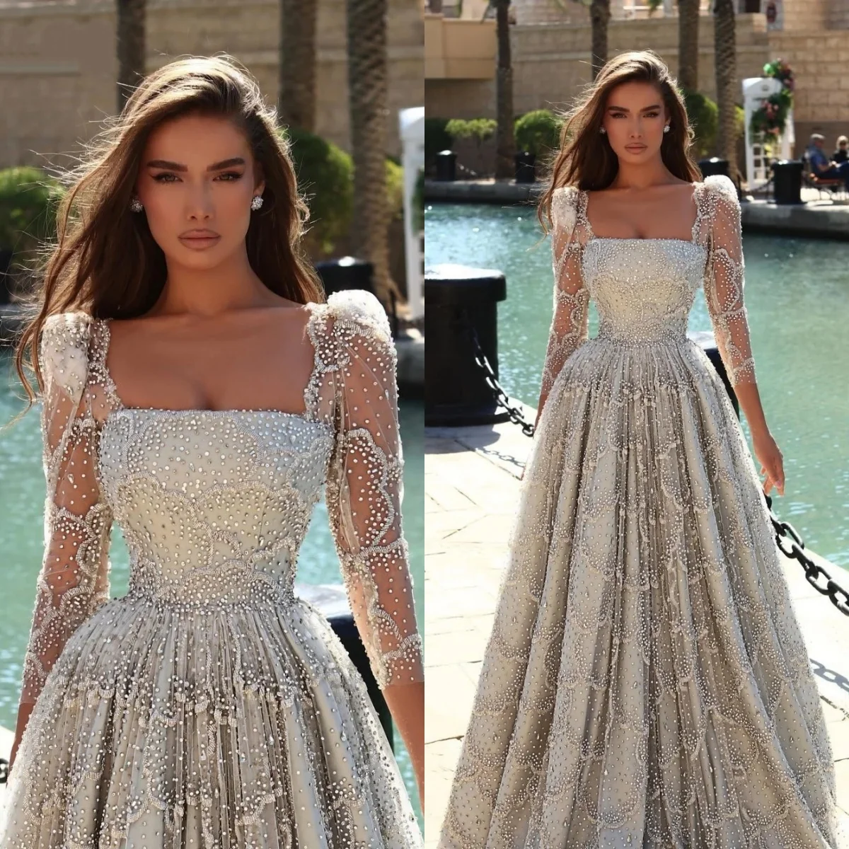 

Элегантные вечерние платья с квадратным вырезом и стразами, платье А-силуэта для выпускного вечера, с длинными рукавами, без спинки, на заказ, для вечеринок, Vestidos De Noche