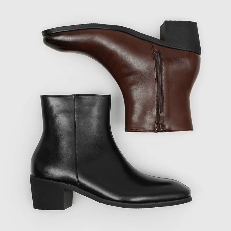 Men's Genuine Leather Chelsea Boots Side Zipper Square Toe Chunky Heel Ankle Boots Minimalist Business Casual Footwear Black Bro
