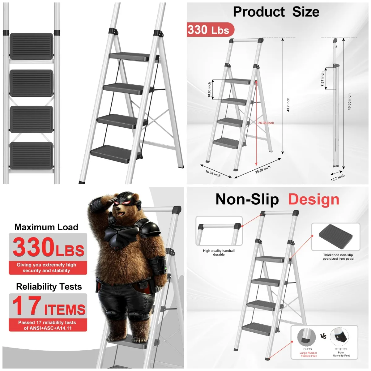 

4-Step Folding Ladder, Wide Anti-Slip Pedal, Steel Construction, Black Grey