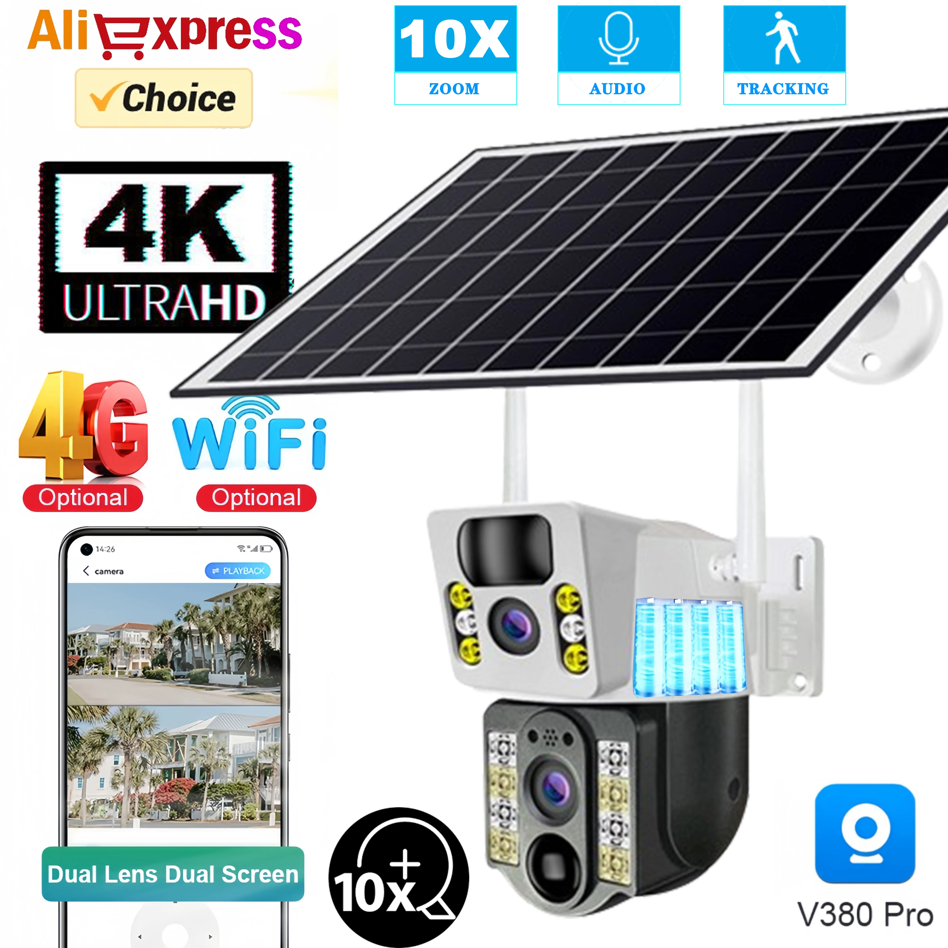 V380 Pro IP66 Waterproof 8MP solar camera PIR Night Vision Dual Lens IP Low Power 4G SIM Card with Battery Smart Home Camera