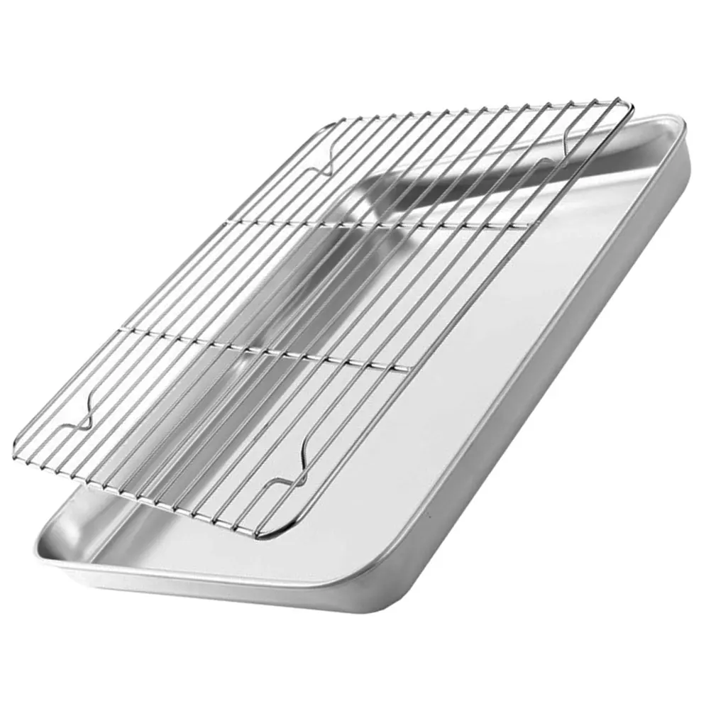 

Stainless Steel Baking Tray Large Size Snack Storage Plate Oven Microwave BBQ Tool Oil Drain Grid Design Heat Resistant